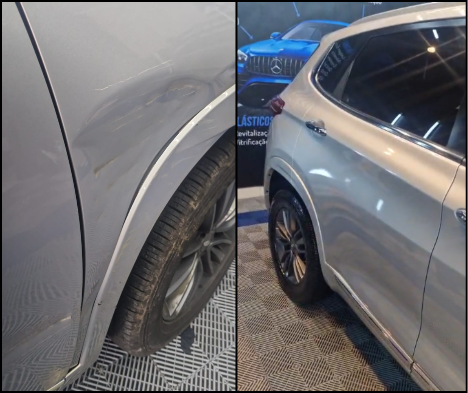Funileiro aplicando massa em uma peça de carro em uma cabine de preparação.